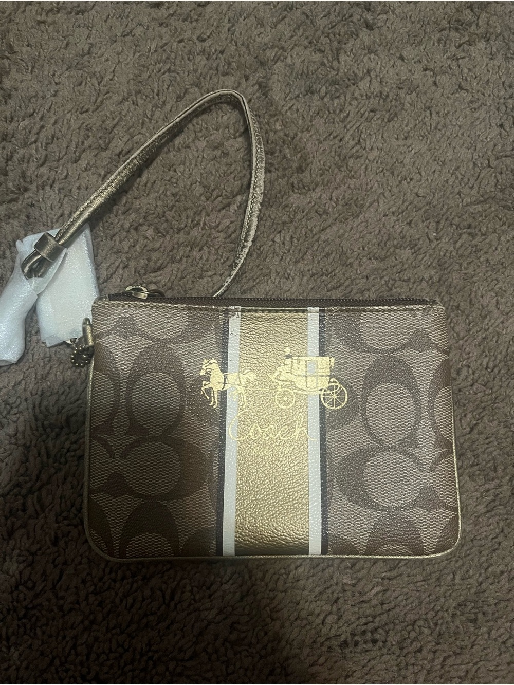 Coach Brown Signature Stripe Wristlet with Gold Coach Logo